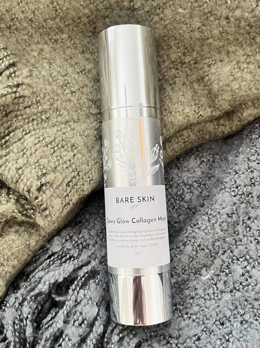 Bare Skin Dewy Collagen Mask hydrating and firming overnight cream mask on green and grey blankets, nourishing skincare for glowing skin.