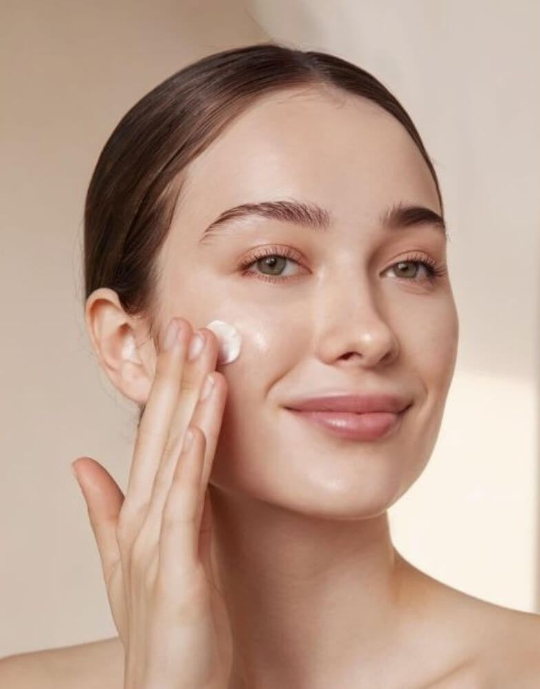 A close-up of a woman with her hair pulled back, applying Bare Skin Hydration Booster Max cream to her cheek with her finger. She has light green eyes and is smiling gently.