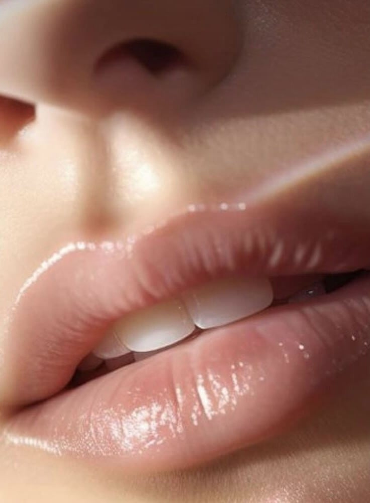 Extreme close-up of glossy pink lips and part of the nose and teeth, showing a shiny, hydrated lip finish.